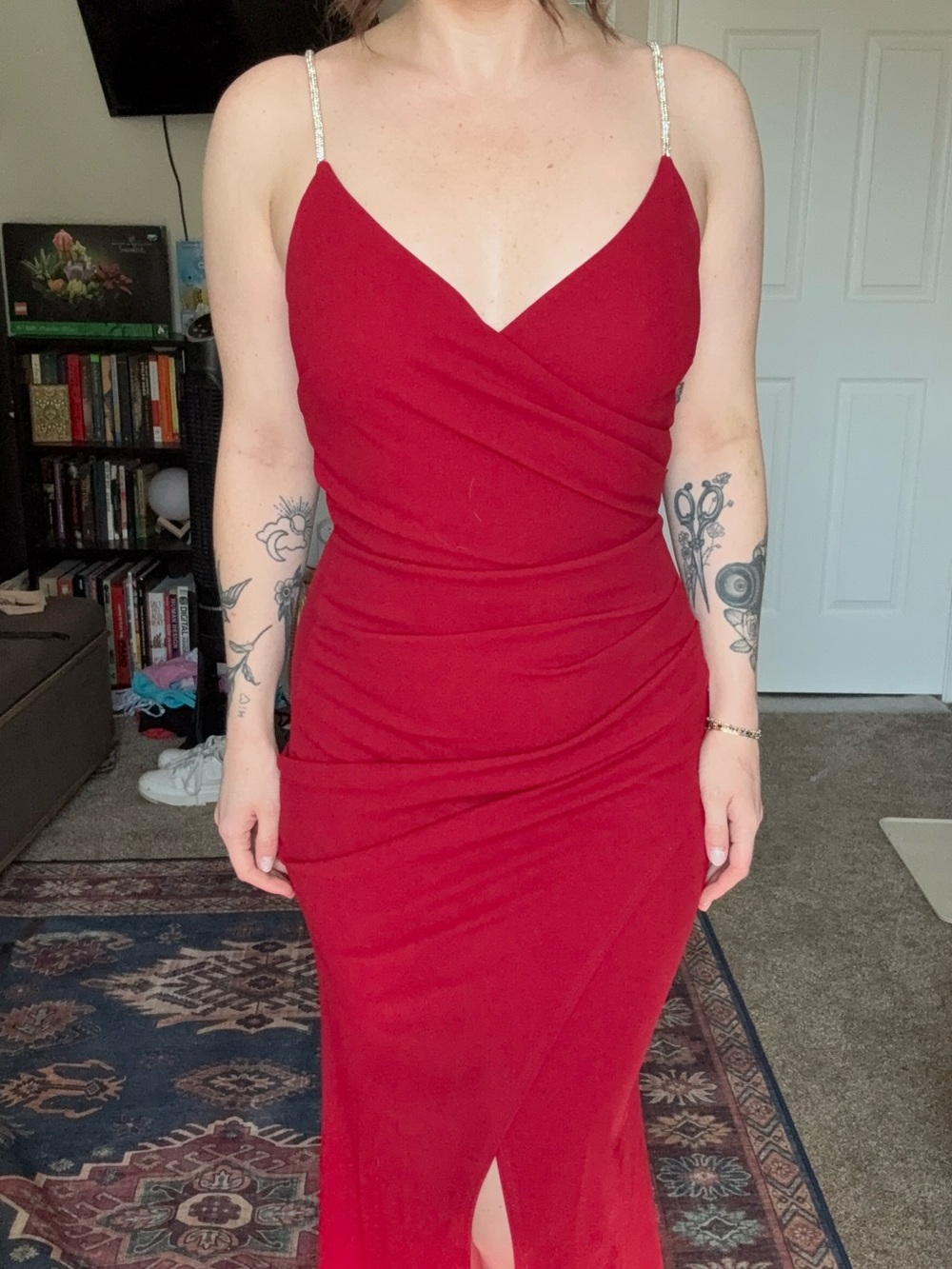 Windsor Crimson Ruched V-Neck Gown with Sparkle Straps